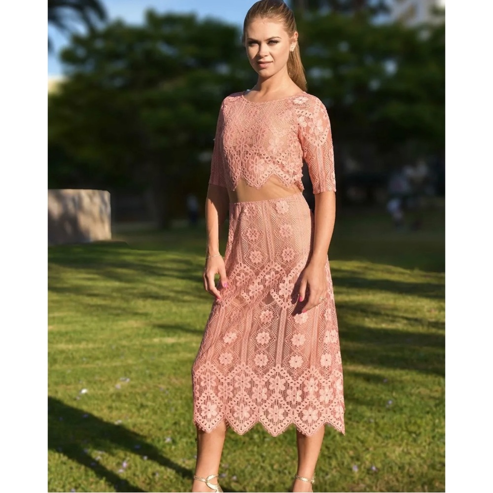 For Love And Lemons Lace Pink Midi Illusion Dress